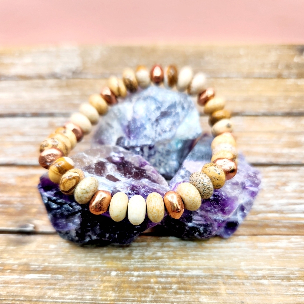 Picture Jasper and Copper Nugget Beaded Bracelet